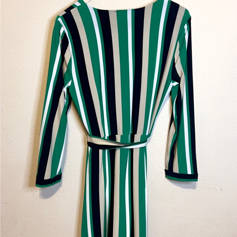 INC International Concepts Elegant Striped Black, Green, Taupe, White Wrap Dress - Picture 6 of 6